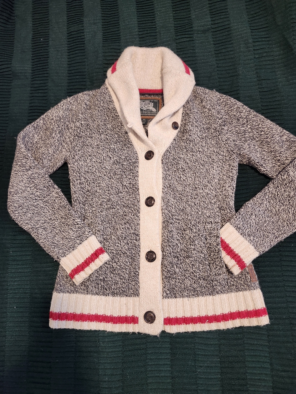 ROOTS Classic Gray Cardigan with Red Stripe Detail Small